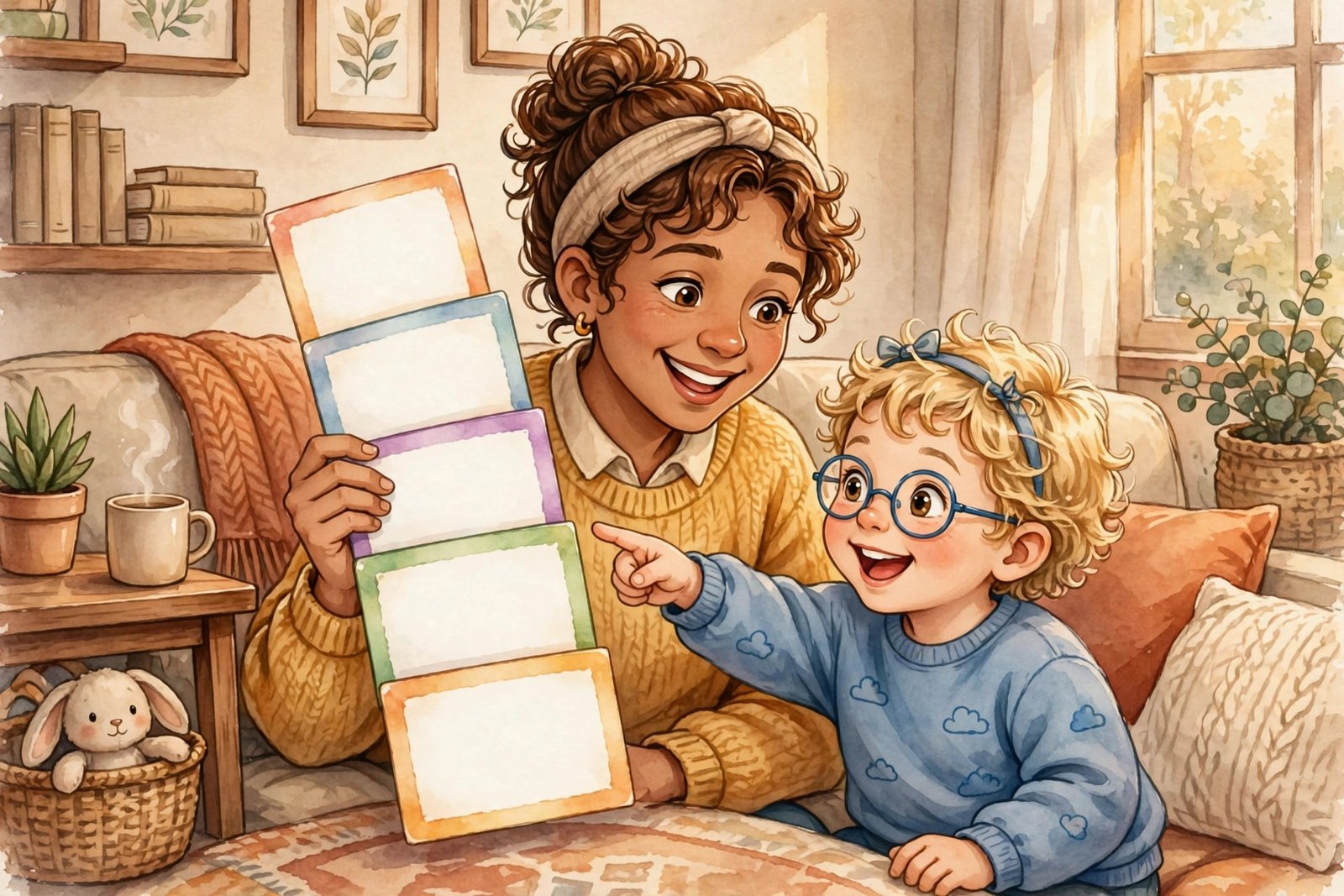 Smiling parent and child looking at colorful alphabet flashcards together on a couch