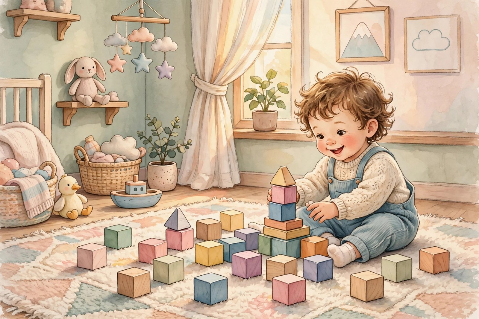 Happy toddler playing with colorful wooden alphabet blocks on a nursery rug