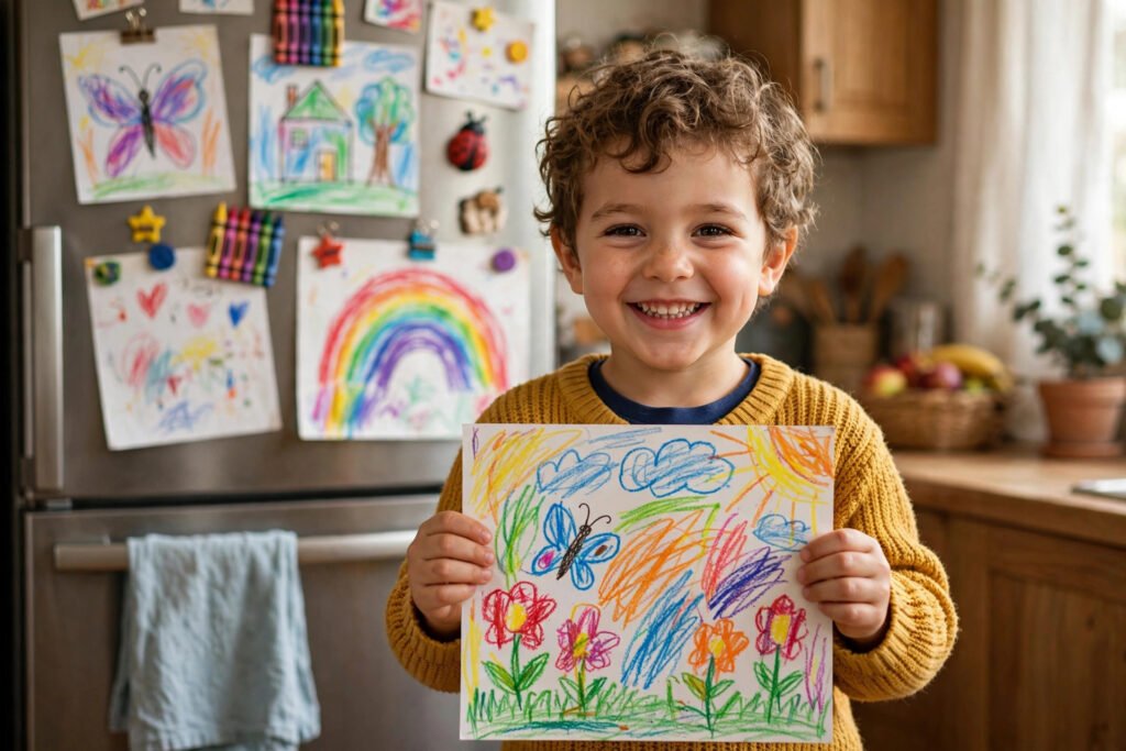 Proud preschooler holding up a finished drawing
