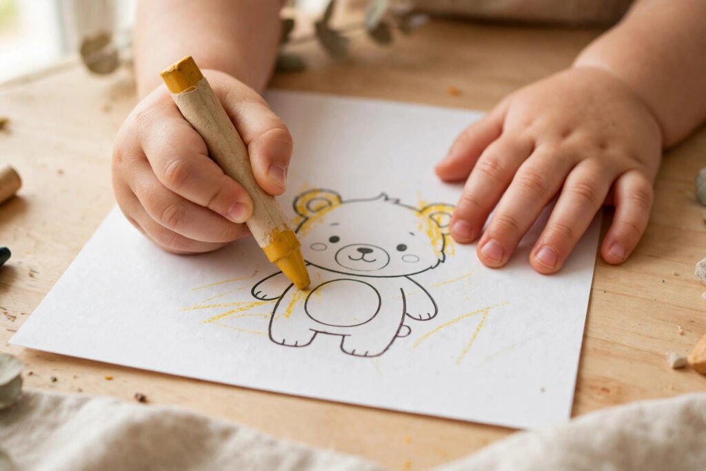 Toddler's hands coloring with a chunky crayon