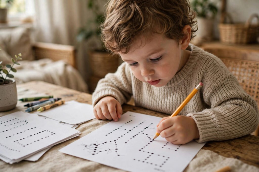 Toddler doing a dot-to-dot worksheet