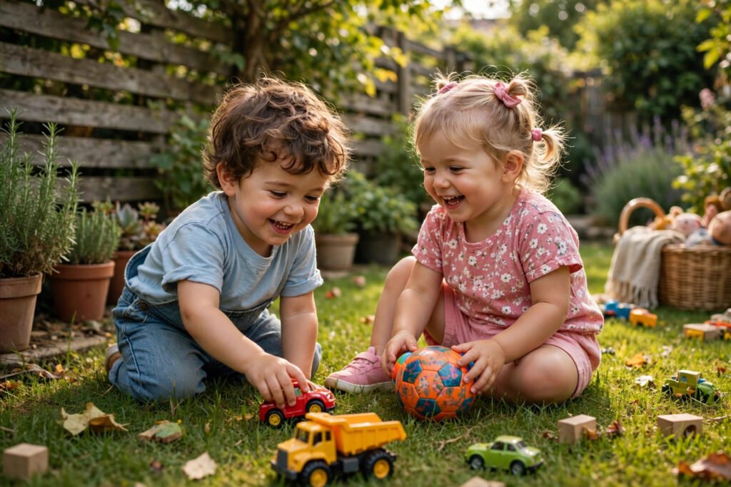 Toddlers playing with ball and toy cars outdoors
