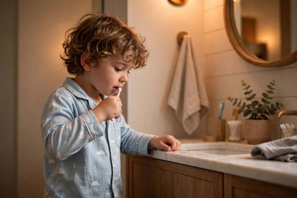 Child in pajamas brushing teeth before bed