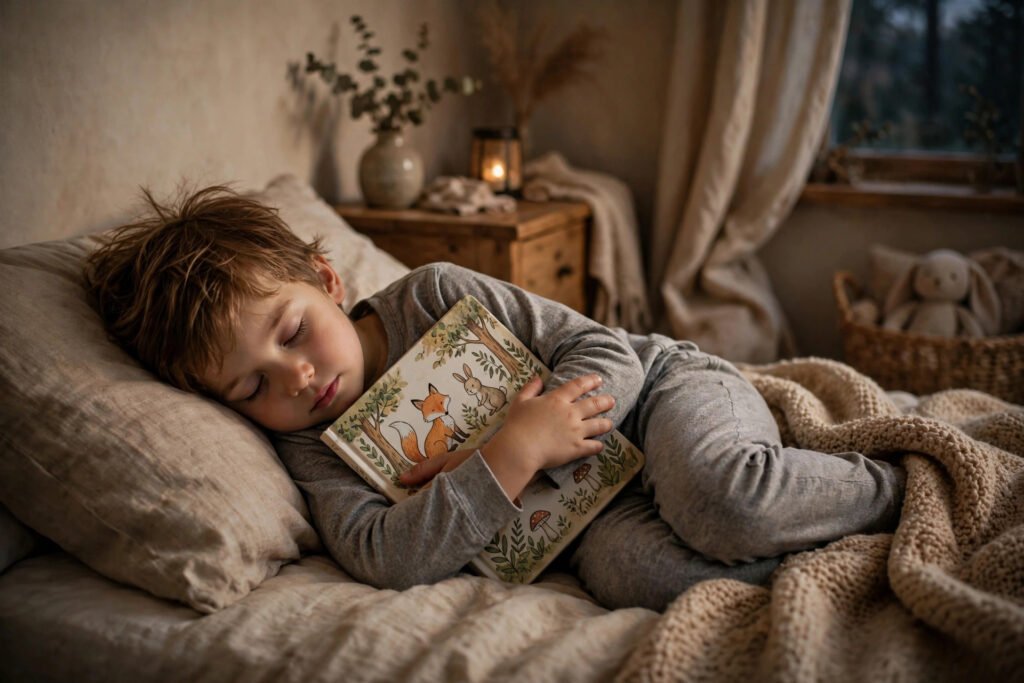 Sleeping child hugging a storybook