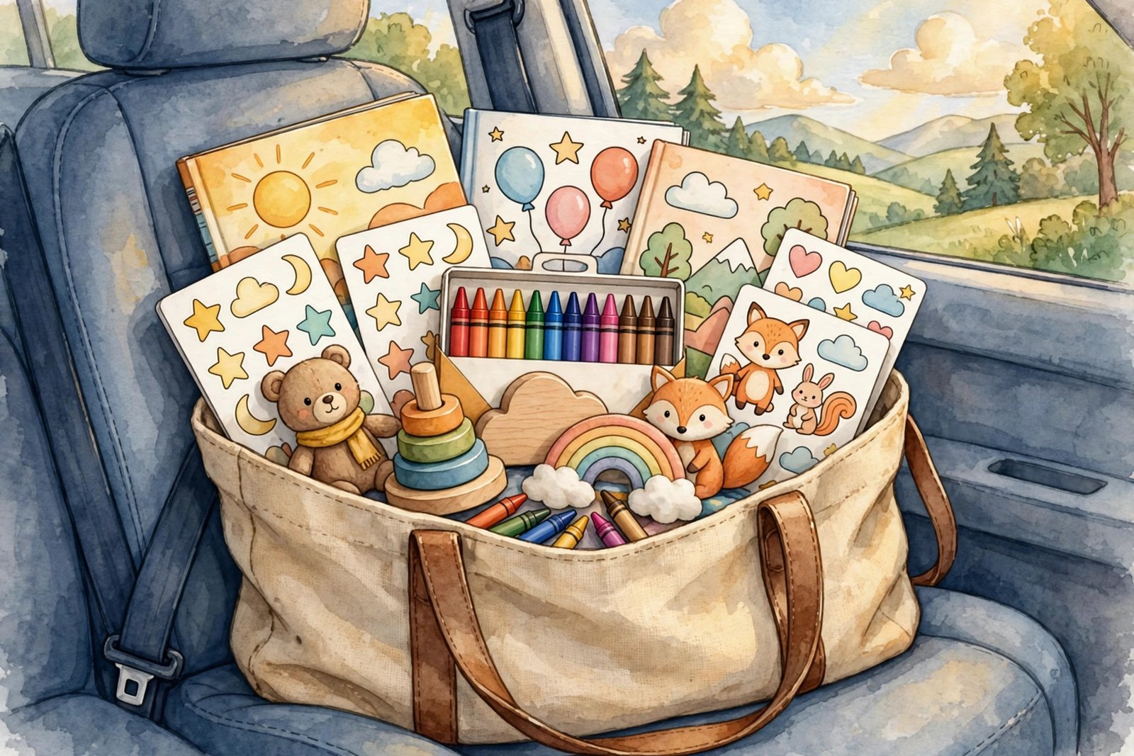 Packed car activity kit tote bag with coloring books, crayons, and sticker sheets