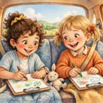 Happy kids coloring in the car backseat on a sunny family road trip