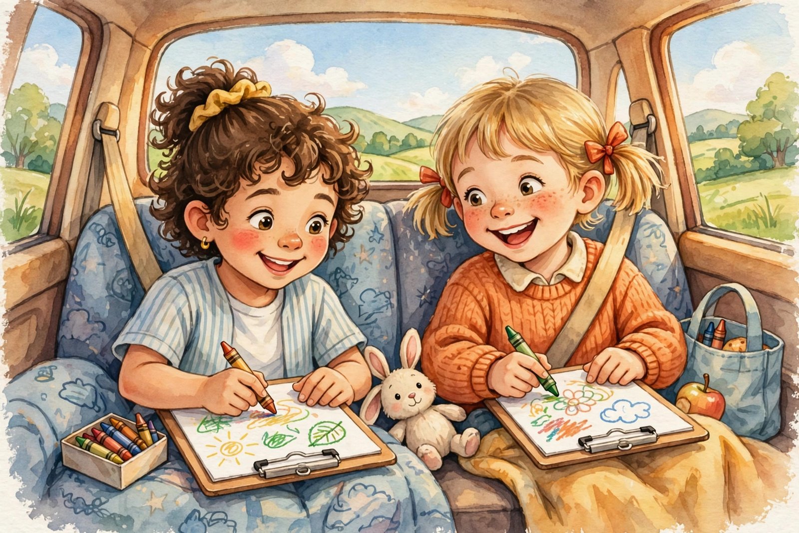 Happy kids coloring in the car backseat on a sunny family road trip