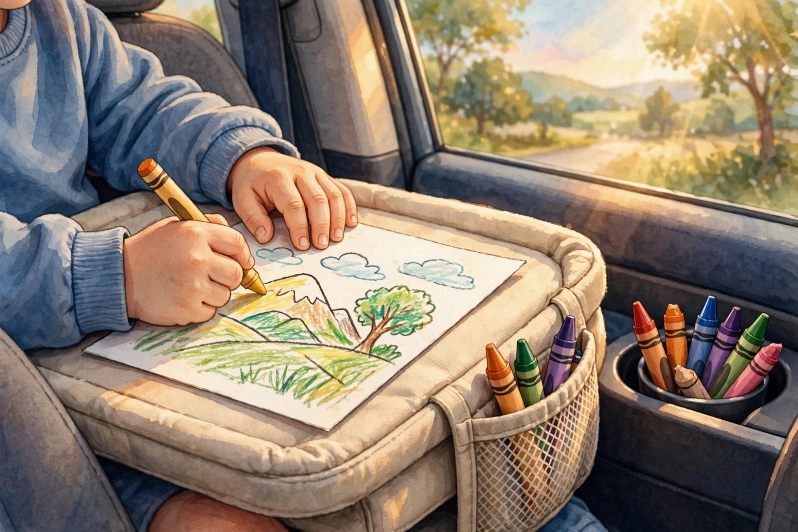 Child coloring on a travel lap tray in the car backseat during a road trip