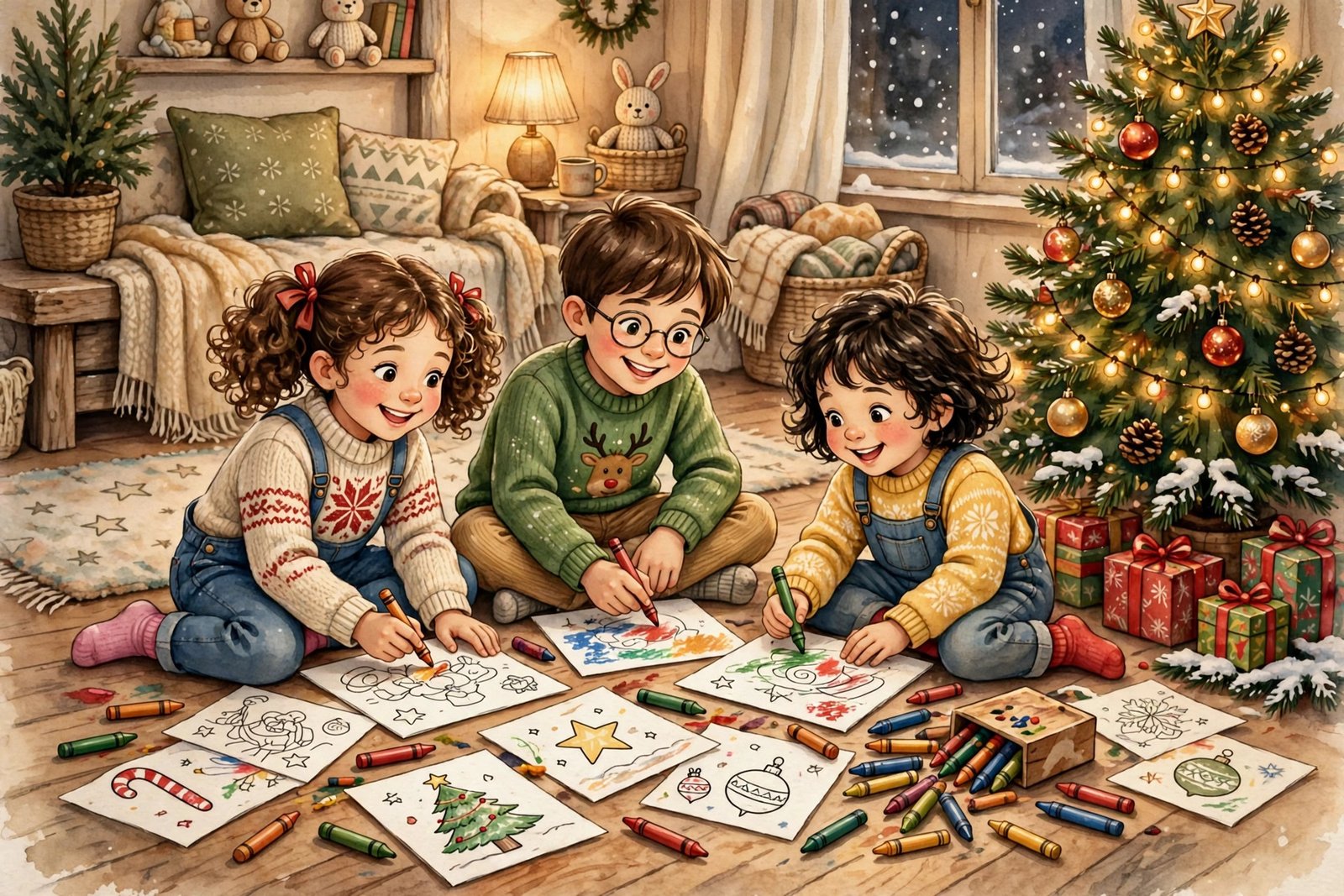 Happy kids doing Christmas coloring activities by a decorated Christmas tree
