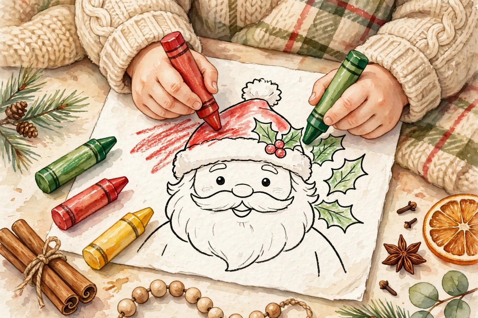 Child coloring a Santa Claus Christmas coloring page with red and green crayons