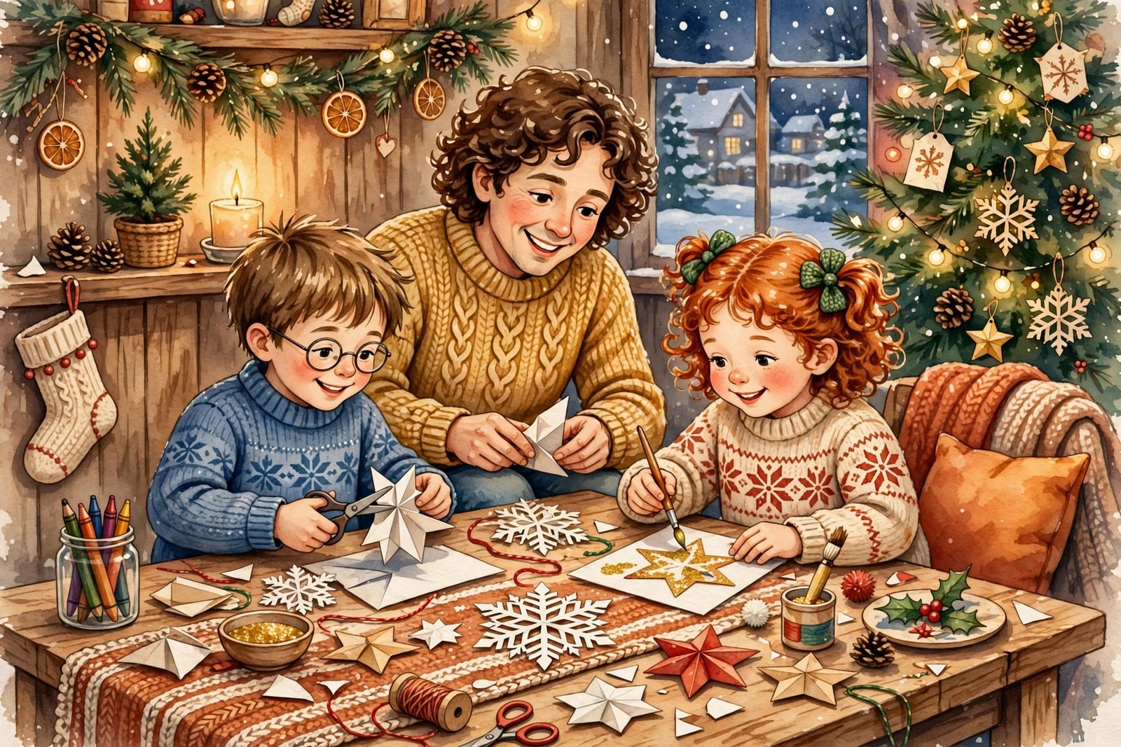 Family doing Christmas paper crafts together at a table with snowflakes and ornaments