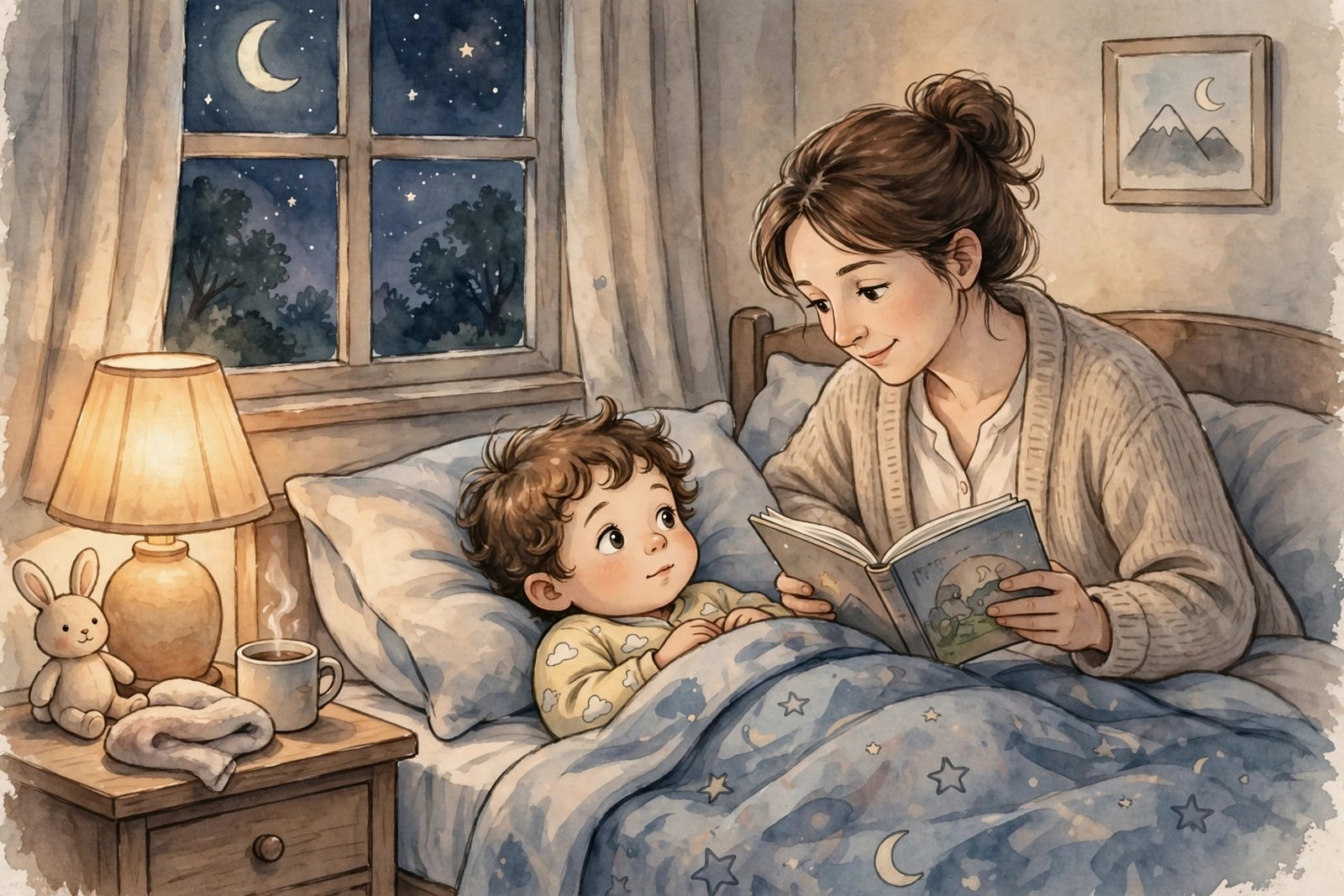 Parent reading a bedtime storybook to a child in bed at night