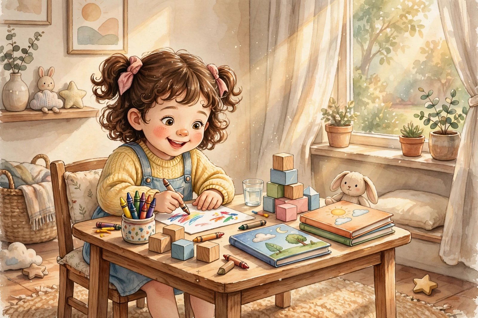 Happy preschooler doing morning learning activities at home