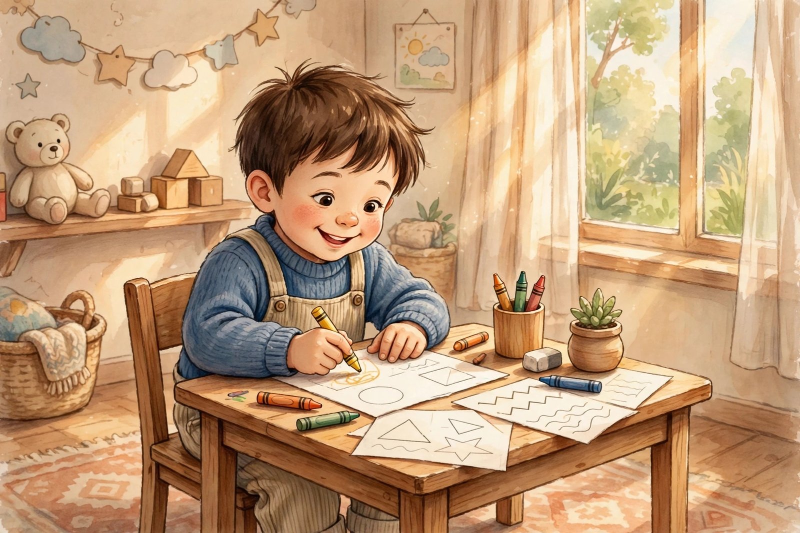 Preschool child practicing tracing worksheets at a small desk in daylight