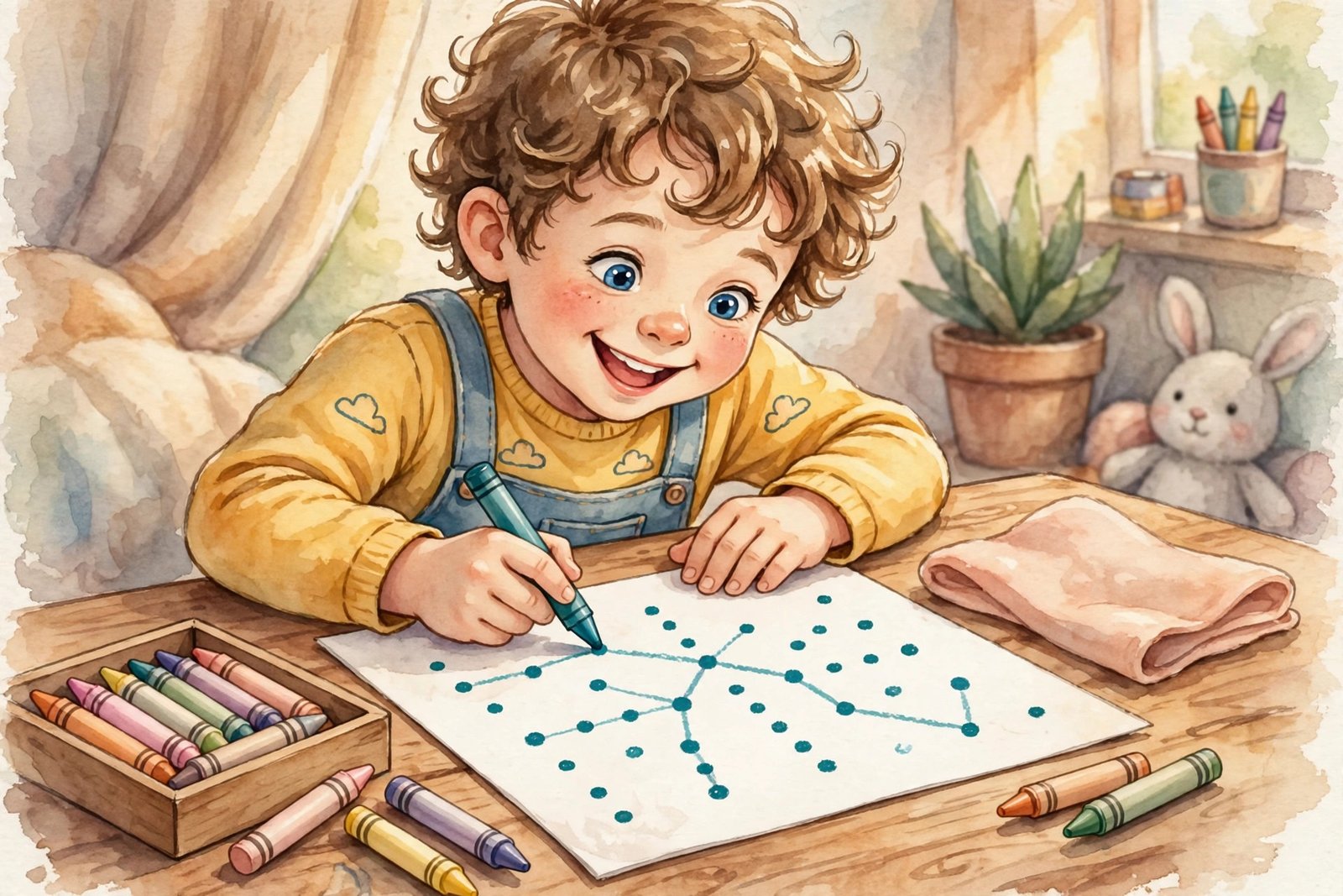 Happy child connecting dots on a dot-to-dot printable worksheet