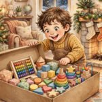 Excited child opening an educational gift box filled with learning toys and activity books