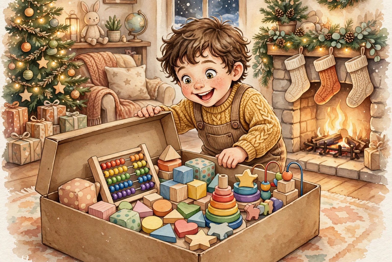 Excited child opening an educational gift box filled with learning toys and activity books