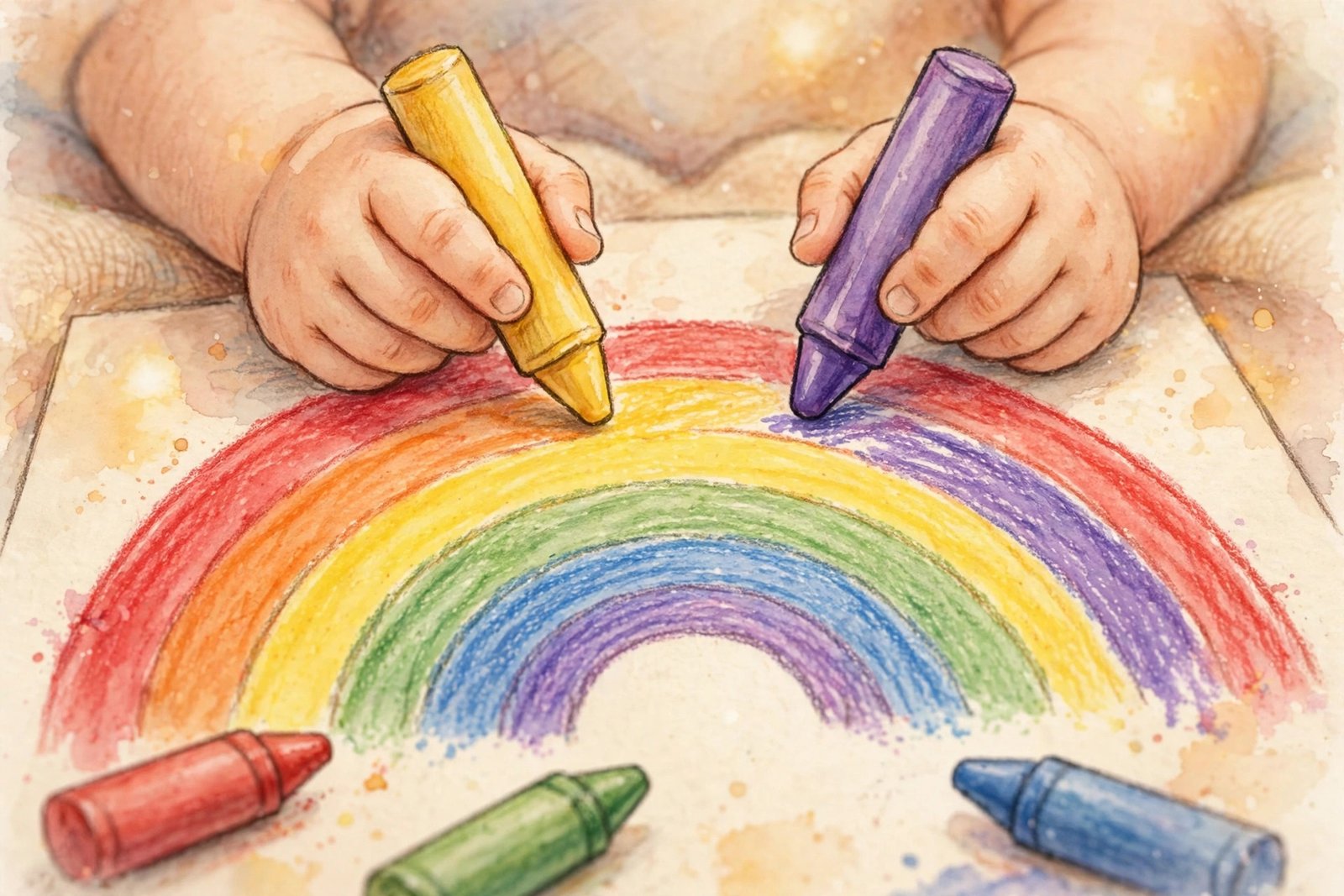 Close-up of a toddler's hands coloring a bright rainbow with chunky crayons