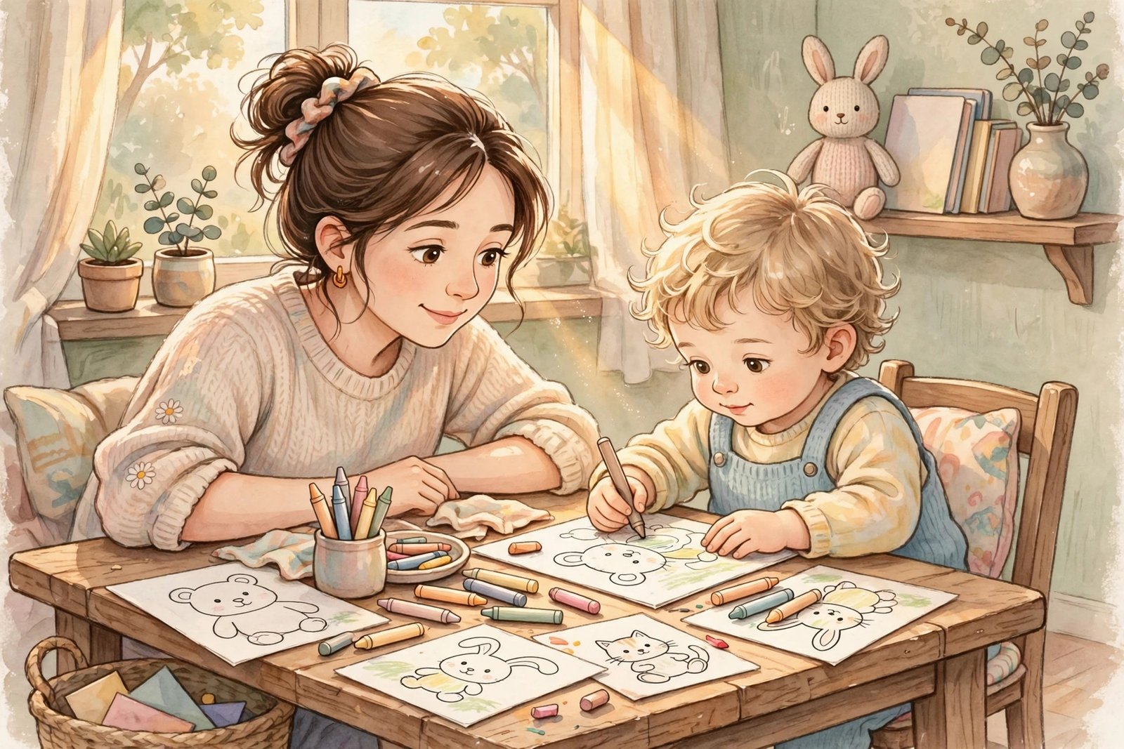 Parent and toddler coloring animal pages together at a wooden table in warm sunlight