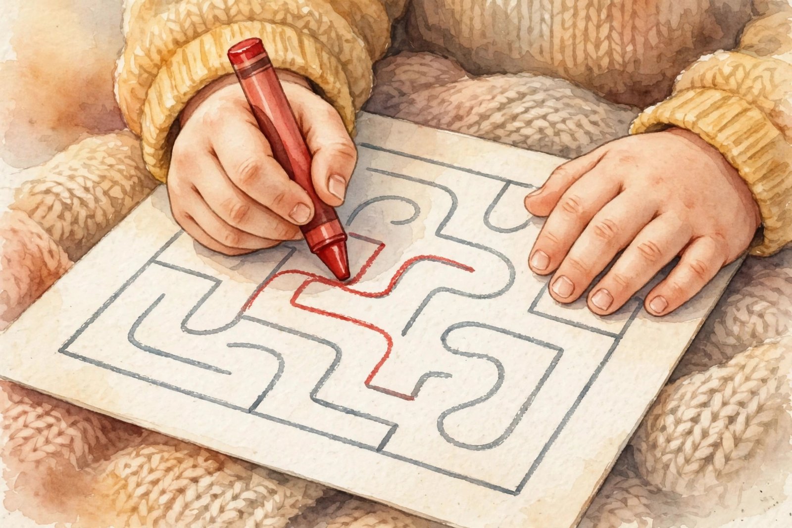 Close-up of small hands holding a crayon solving a maze worksheet
