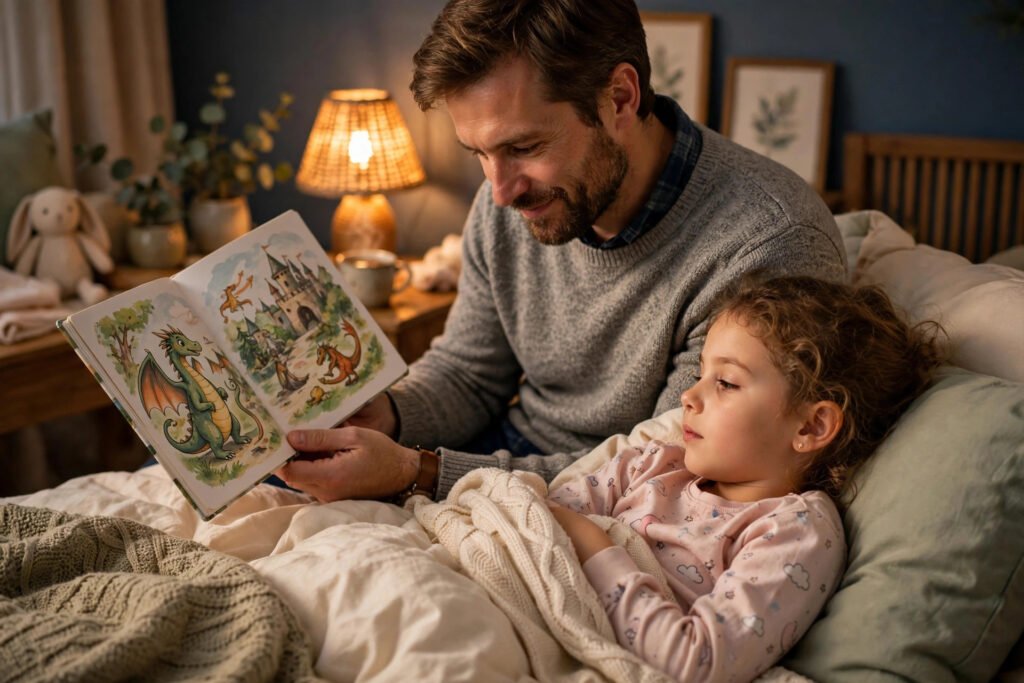 Father reading bedtime storybook to daughter