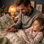 Father reading bedtime storybook to daughter