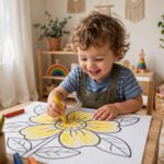 Toddler coloring a flower coloring page