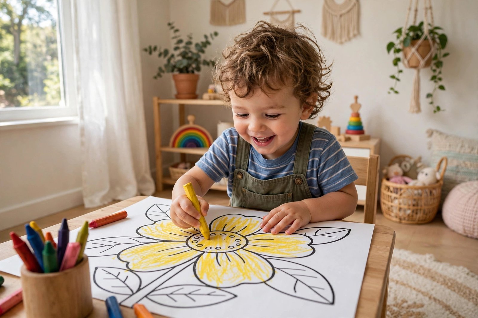 Toddler coloring a flower coloring page
