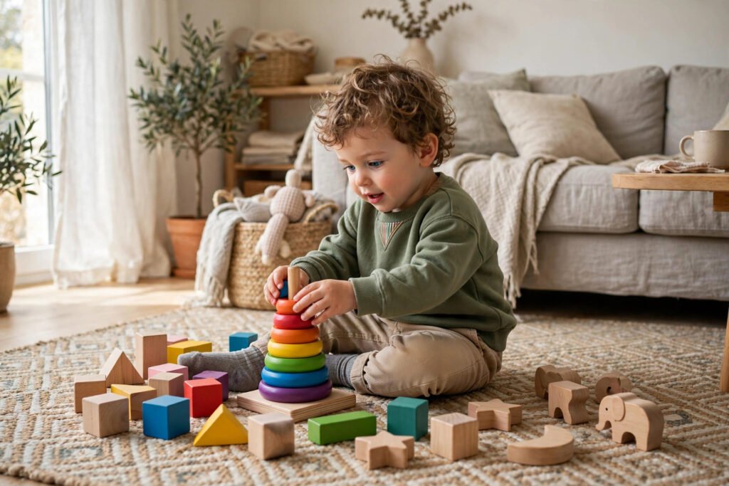 Toddler playing with wooden blocks
