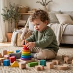 Toddler playing with wooden blocks