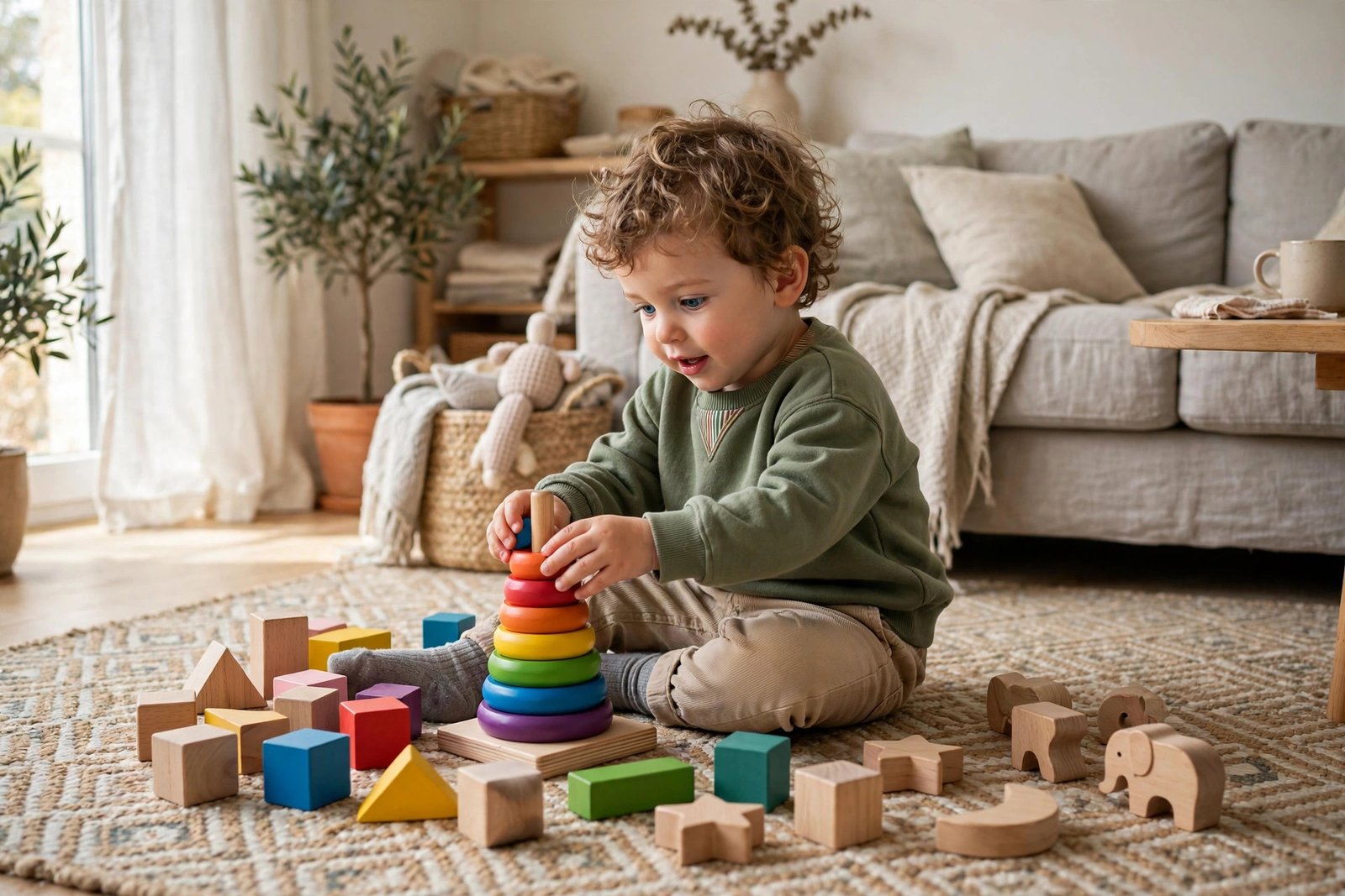 Toddler playing with wooden blocks