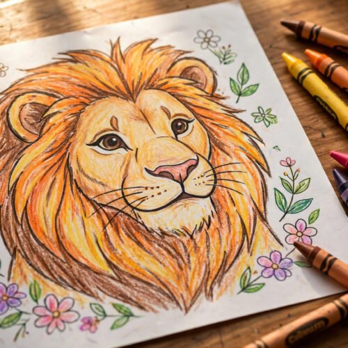 Beautifully colored lion page with crayons