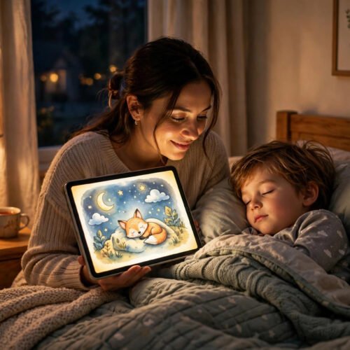 Mother reading bedtime story ebook to child on tablet