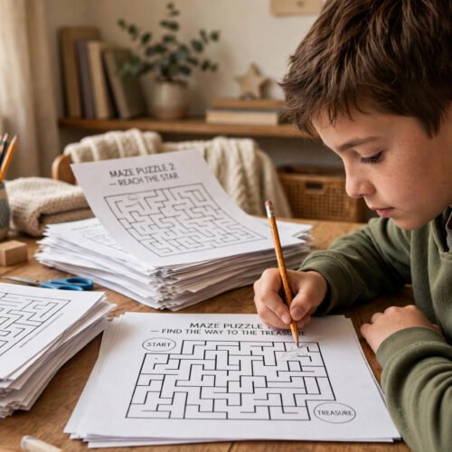 Boy solving a printable maze worksheet
