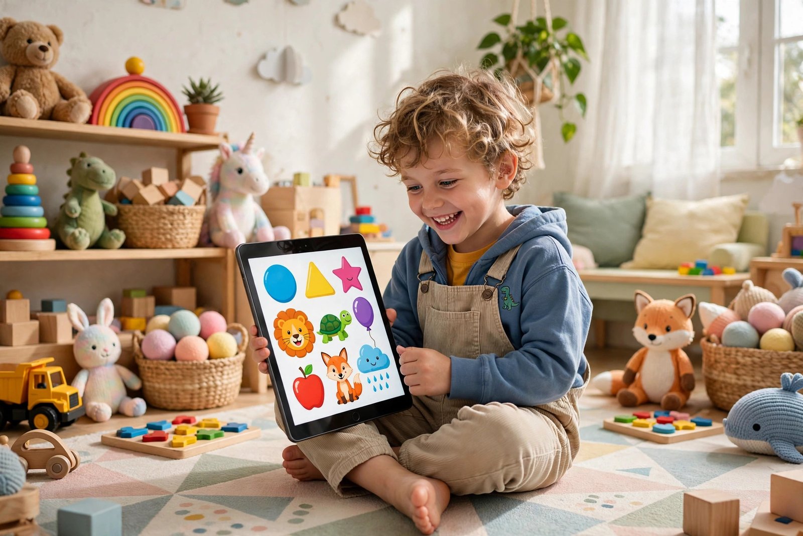 Child learning with educational tablet content