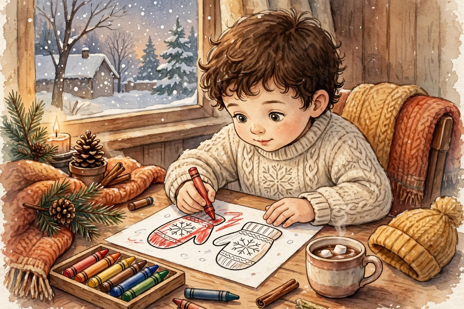 Child coloring winter mittens page with crayons at a cozy table
