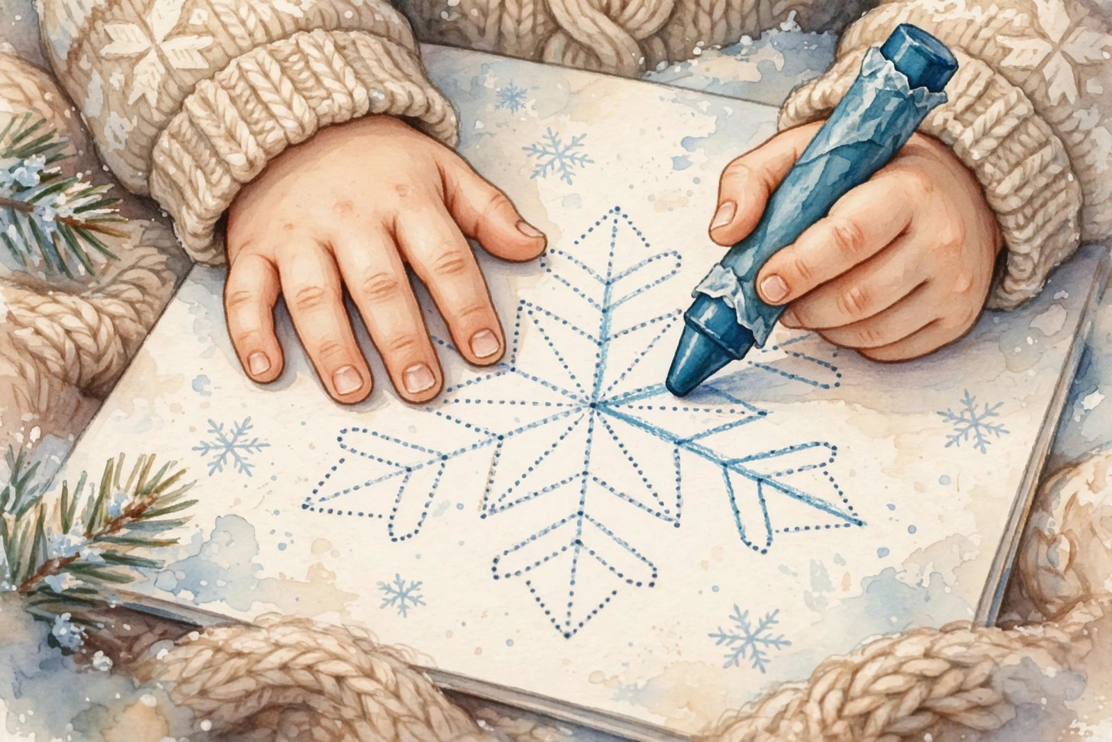 Close-up of little hands tracing snowflake lines on a winter worksheet