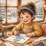Smiling preschooler doing a winter snowman worksheet by a snowy window