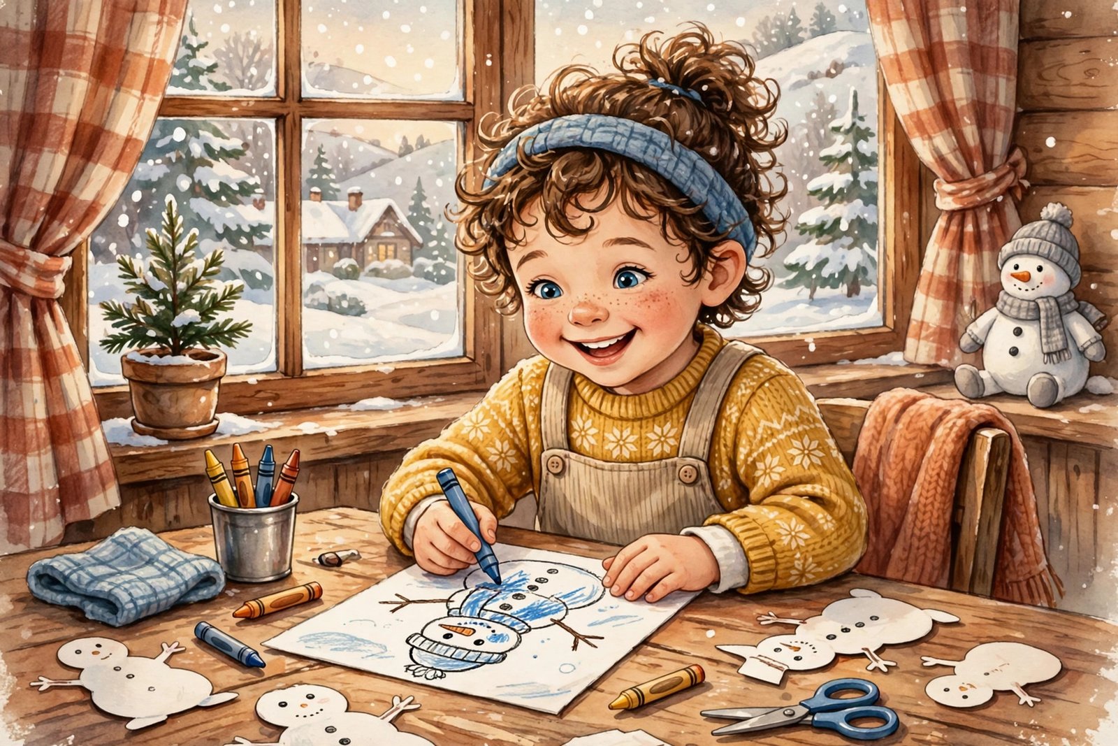 Smiling preschooler doing a winter snowman worksheet by a snowy window