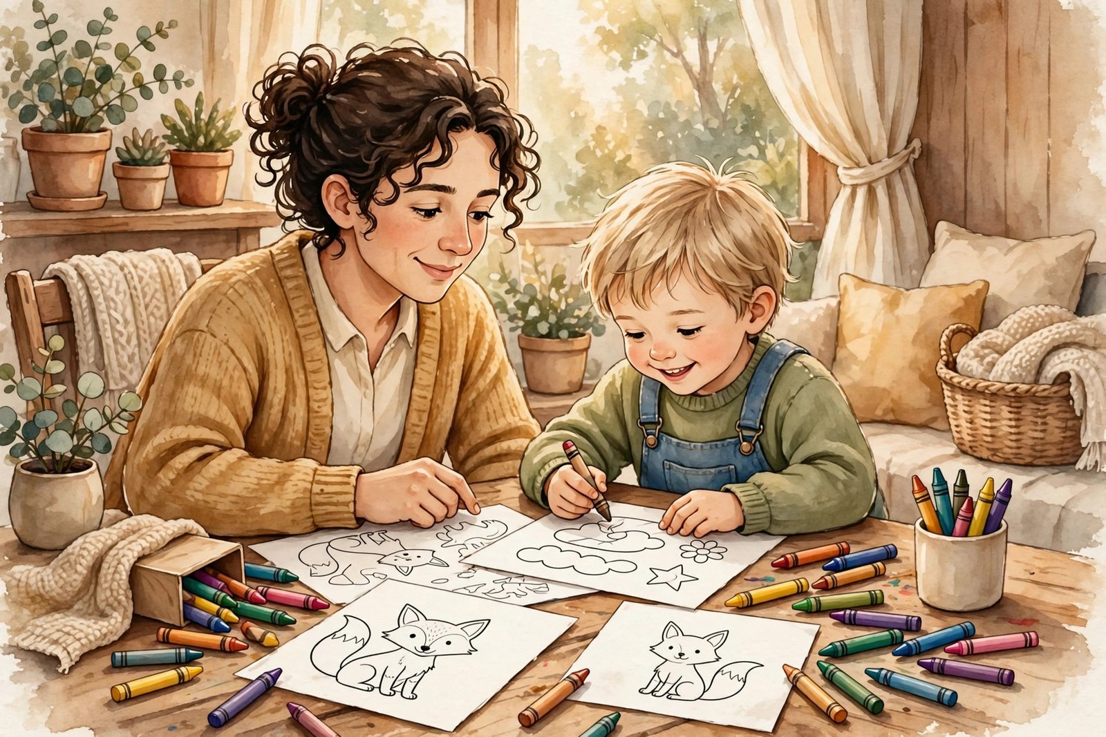 Parent and child doing a printable coloring activity together as a holiday gift moment