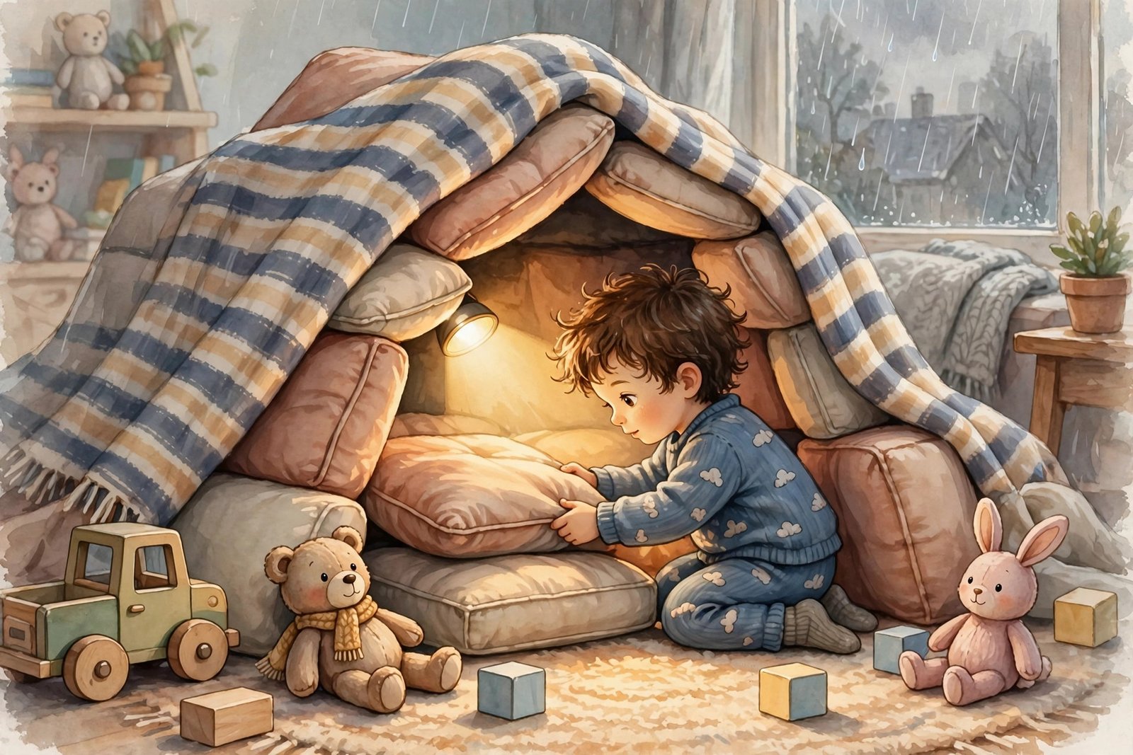 Child building a cozy indoor blanket fort with cushions on a rainy day