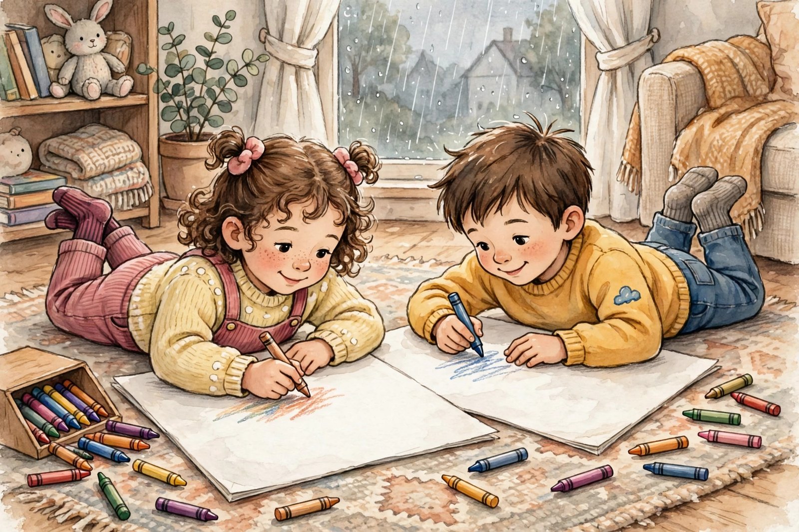 Two children coloring printable coloring pages on the living room floor on a rainy day