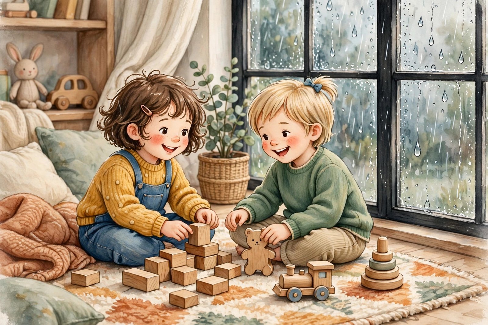 Happy kids playing with toys indoors beside a rainy window on a rainy day