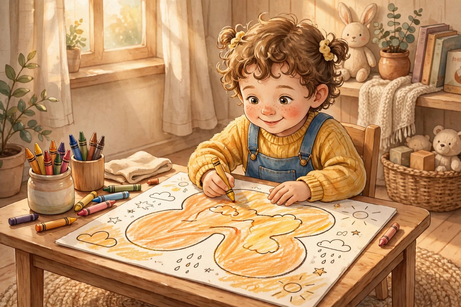 Preschooler happily coloring a big alphabet letter coloring page with crayons at home