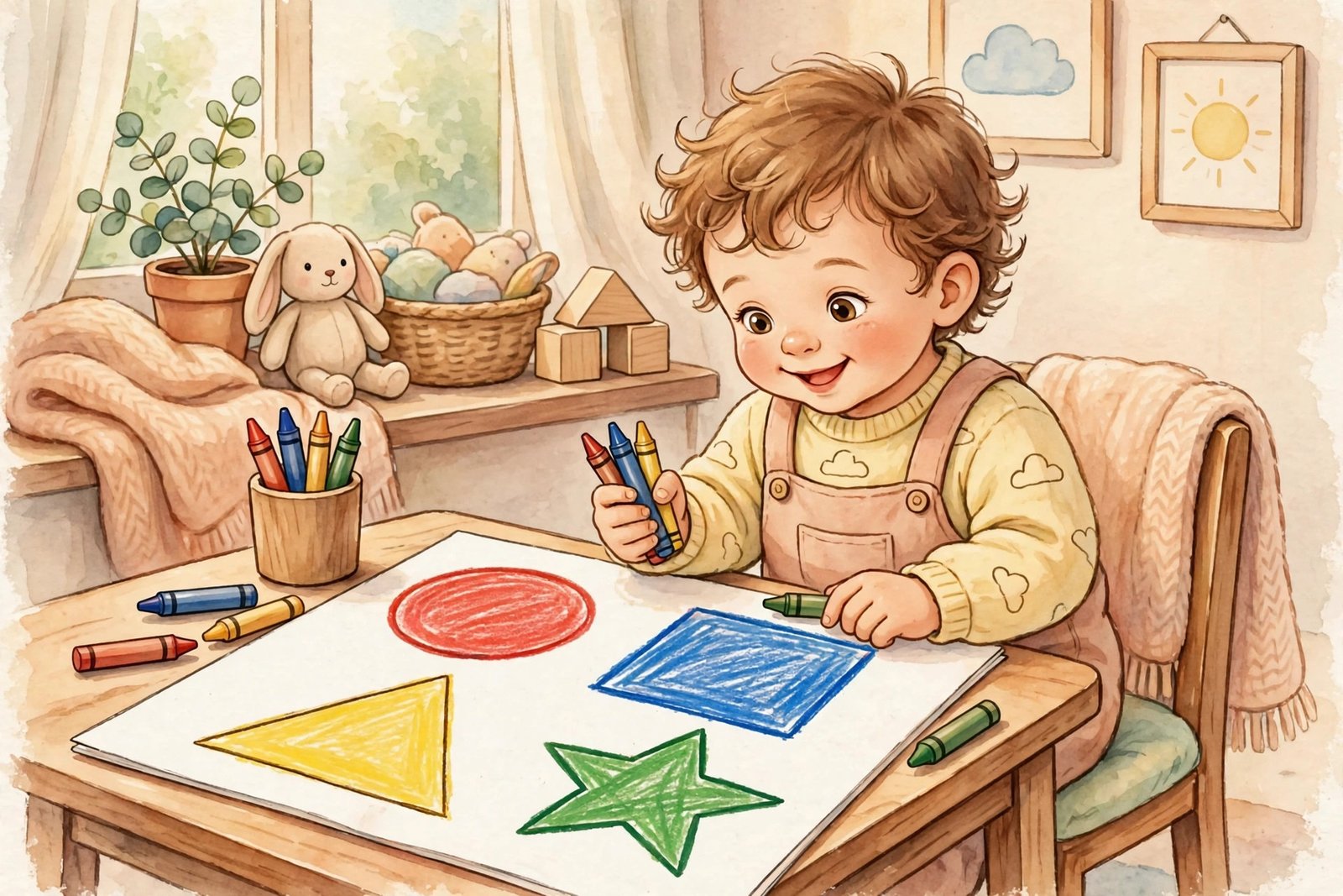 Toddler learning colors with crayons and a coloring page with bold red blue yellow and green shapes
