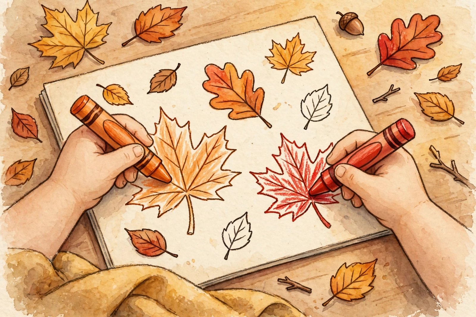 Child coloring a fall leaves Thanksgiving coloring page with orange crayons