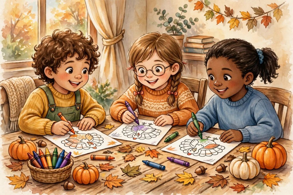 Happy kids coloring Thanksgiving turkey coloring pages at a table with crayons