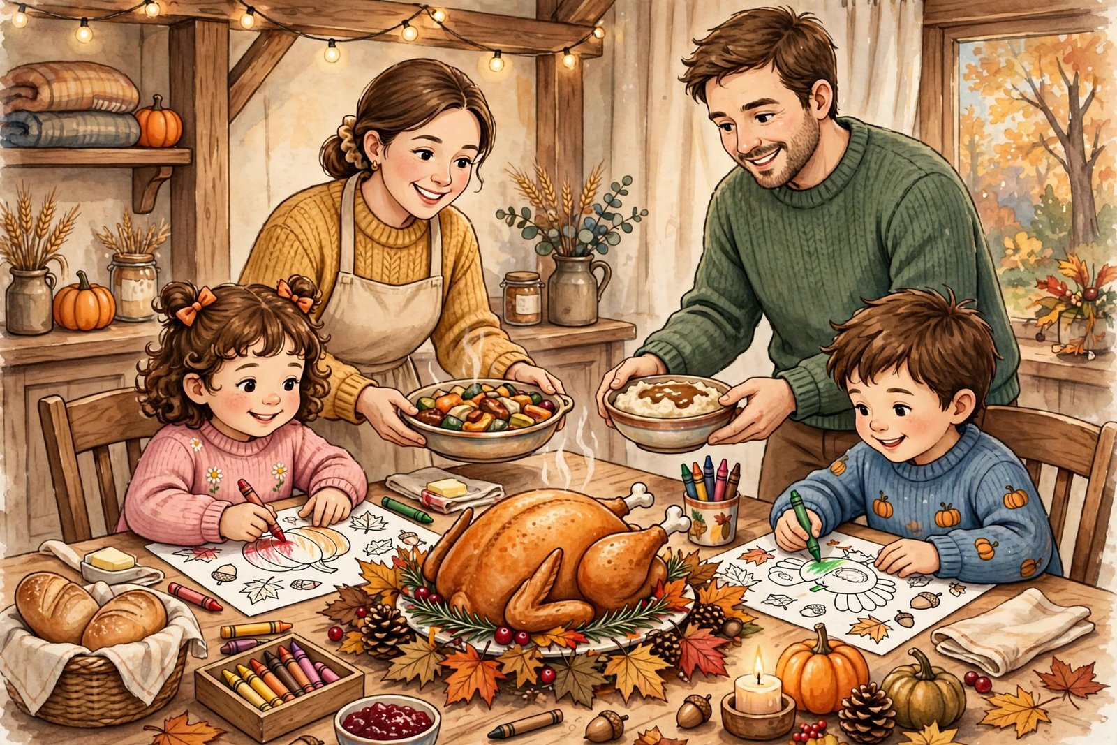 Kids doing printable placemat coloring activities at a family Thanksgiving dinner table