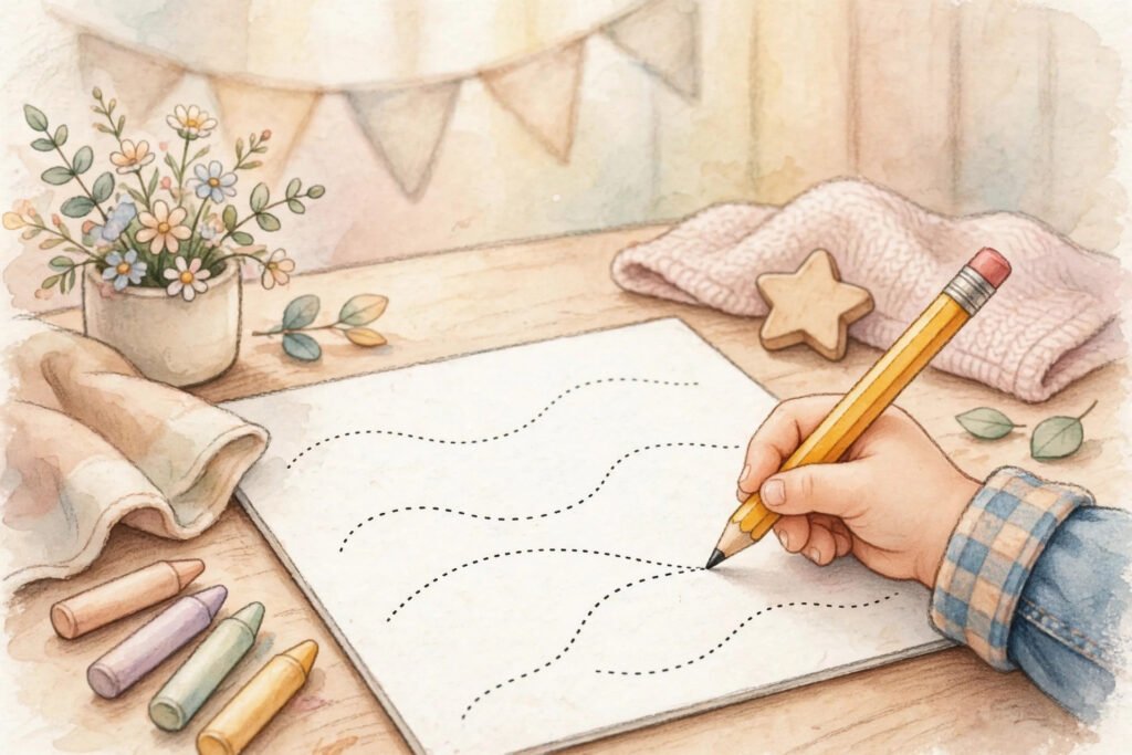 Preschooler tracing dotted lines on a printable worksheet with a pencil