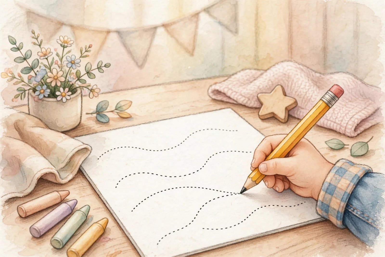 Preschooler tracing dotted lines on a printable worksheet with a pencil